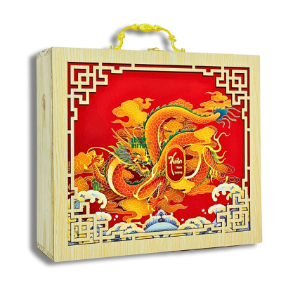 Hộp gỗ đựng quà tết 2026 - nắp phối giấy in màu.