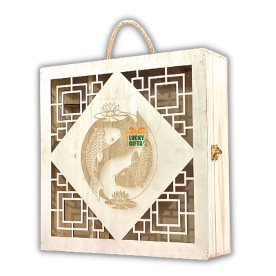 Hộp gỗ quà tết đựng rượu- bánh- trà Song Ngư Đại Cát