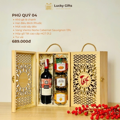 Quà Tết hộp gỗ rượu vang- Hạt dinh dưỡng - Phú Quý 04