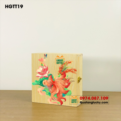 Hộp gỗ bánh trung thu In UV bông sen.