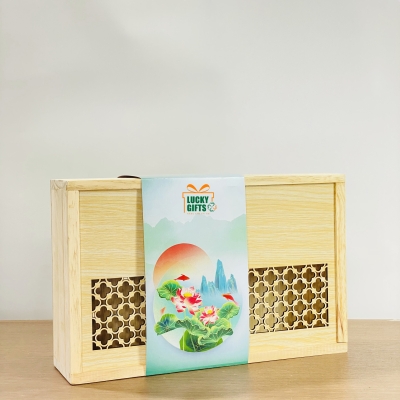 Hộp gỗ bánh trung thu cover giấy Sơn Liên