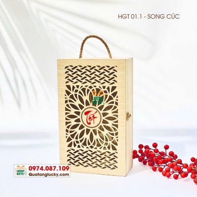 Hộp gỗ đựng rượu 2 chai- song cúc