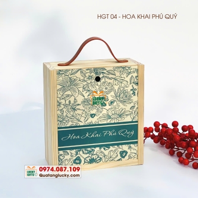 Hộp gỗ nắp trượt -In UV - quai da-Hoa Khai Phú Quí