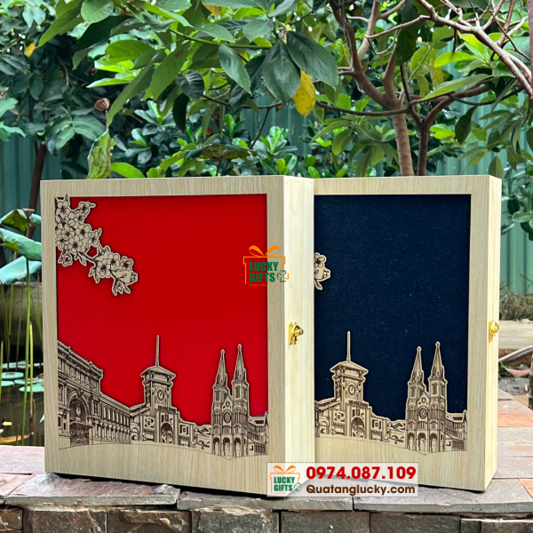 Hộp gỗ đựng quà tết- Phố hoa