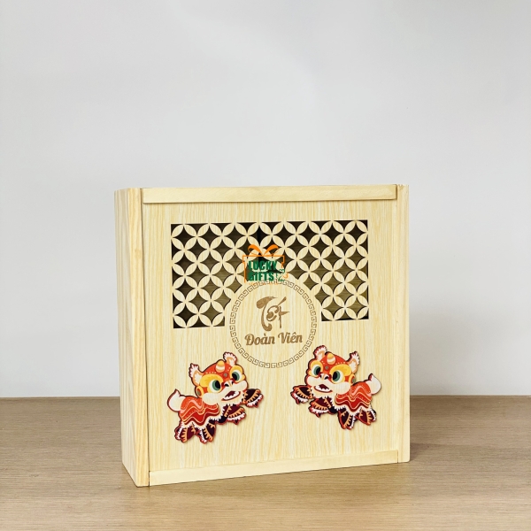 Hộp gỗ bánh trung thu tết đoàn viên song lân