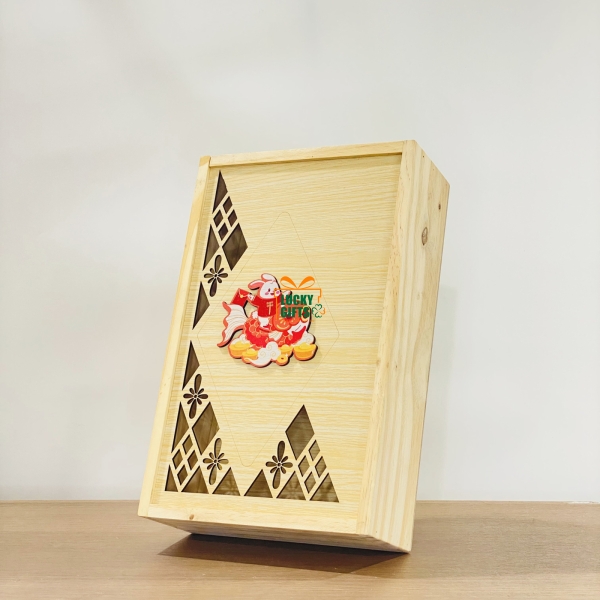 Hộp gỗ bánh trung thu - nắp trượt phụ kiện sticker gỗ thỏ cưỡi cá