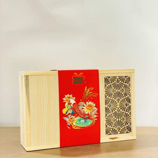 Hộp gỗ bánh trung thu nắp họa tiết phối cover giấy hồng ngư