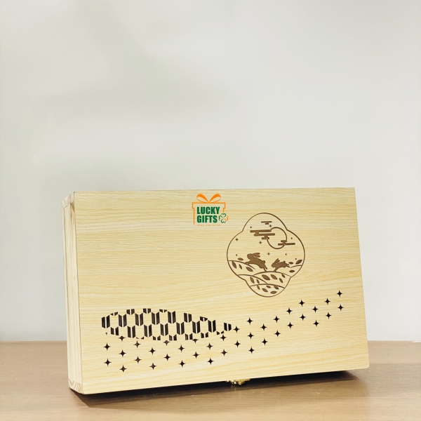 Hộp gỗ bánh trung thu khắc laser thỏ vui trăng
