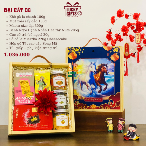 Sét quà tết hộp gỗ nắp trượt cao cấp 2026- Đại cát 3