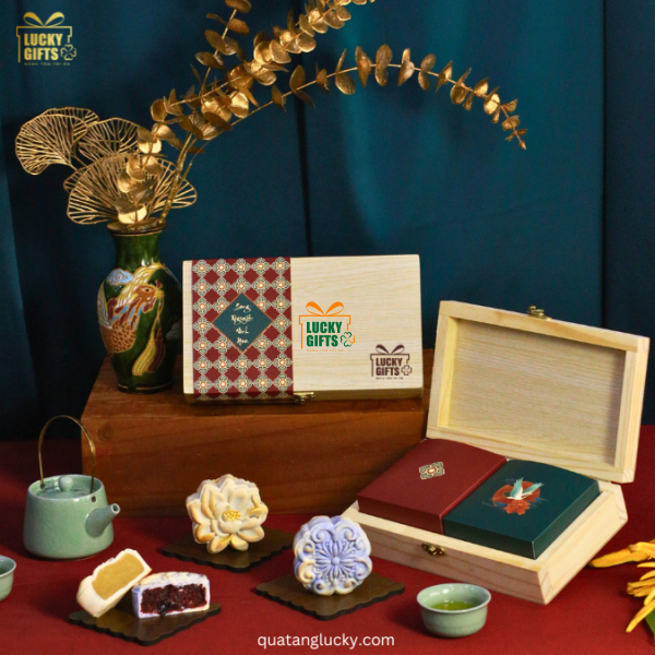 Song Nguyệt 3 - Hộp quà trung thu 2 bánh chay - Hộp gỗ cao cấp phối cover giấy sang trọng