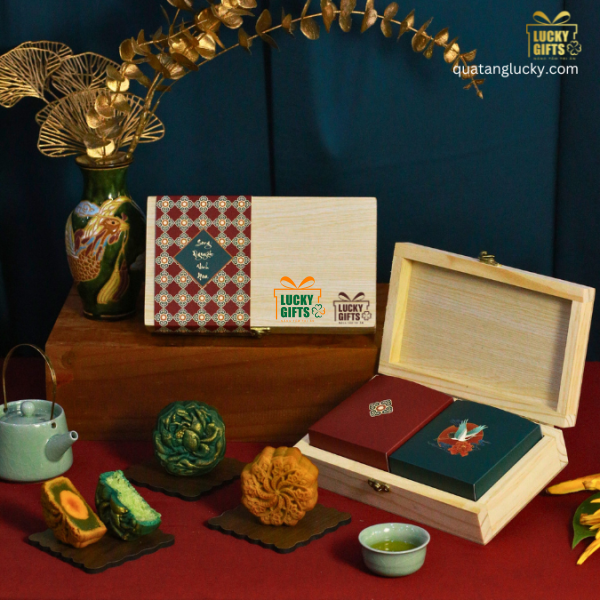 Song Nguyệt 1 - Hộp quà trung thu 2 bánh - Hộp gỗ cao cấp phối cover giấy sang trọng