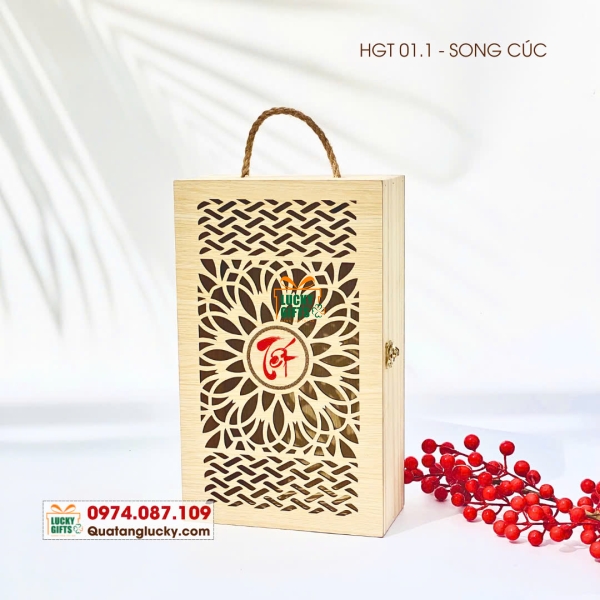Hộp gỗ đựng rượu 2 chai- song cúc