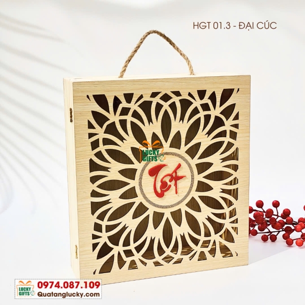 Hộp gỗ quà tết  khắc laser theo yêu cầu-Đại cúc