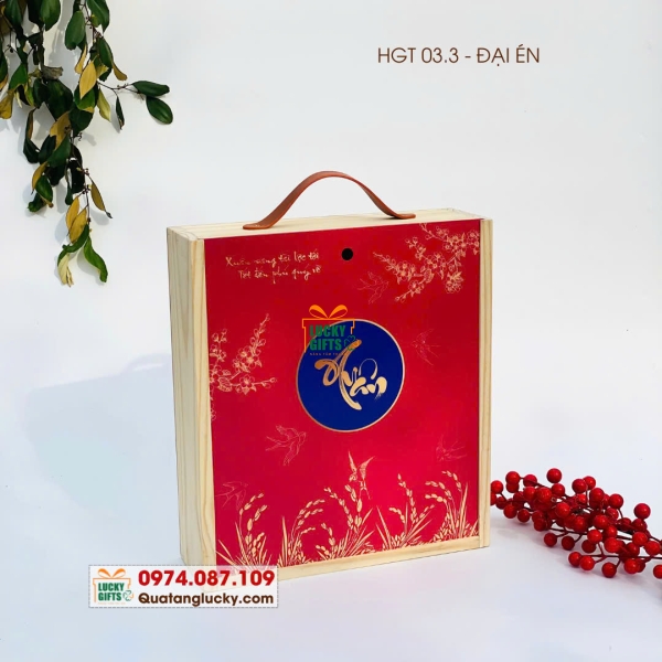 Hộp gỗ nắp Trượt In UV màu - Quai da -Hộp Gỗ Đại Én