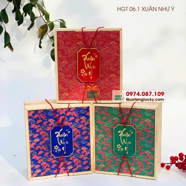 Hộp gỗ nắp mở - phối dây+ tag logo -Xuân Như Ý