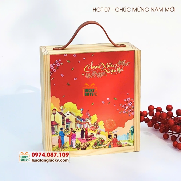 Hộp gỗ quà tết nắp trượt in UV màu  -Chúc Mừng Năm Mới